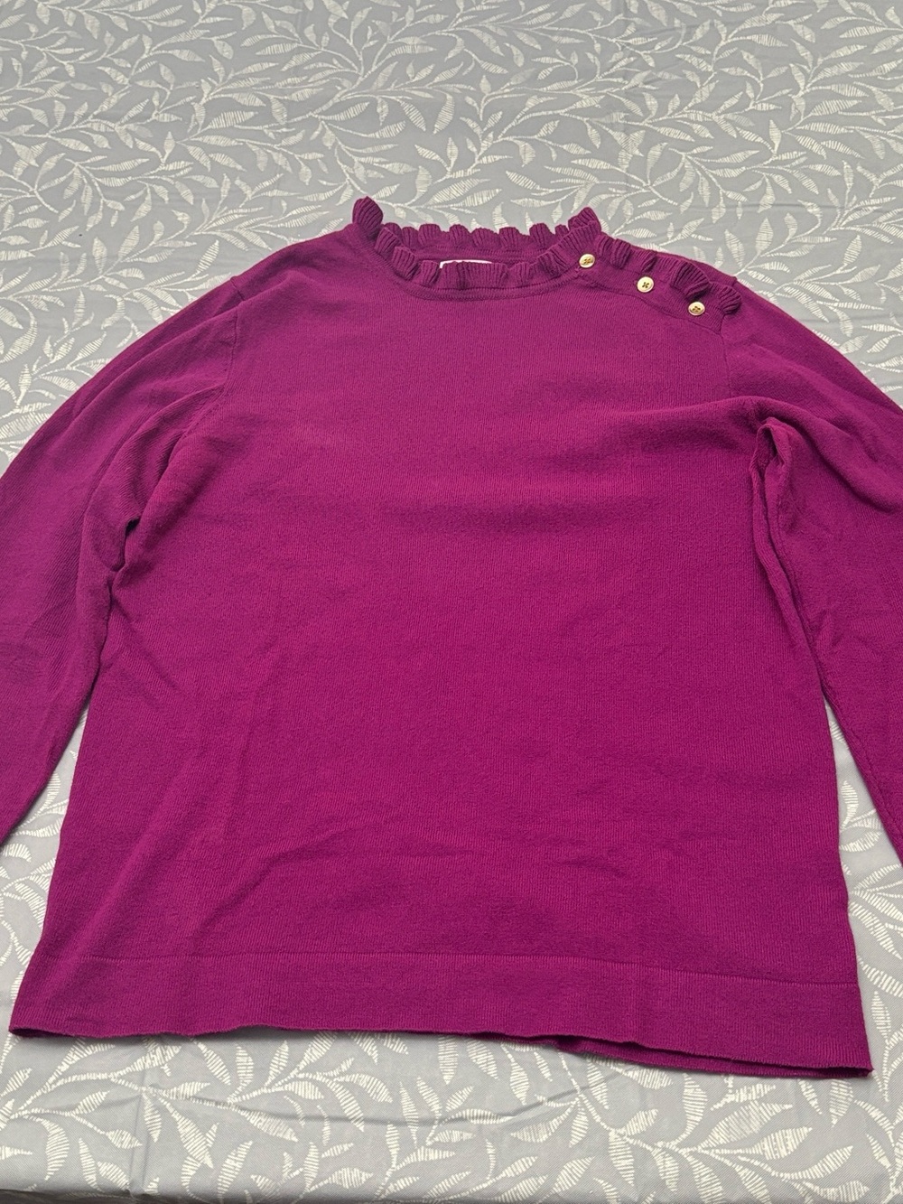 J. Crew Magenta Ruffle-Neck Button-Shoulder Sweater